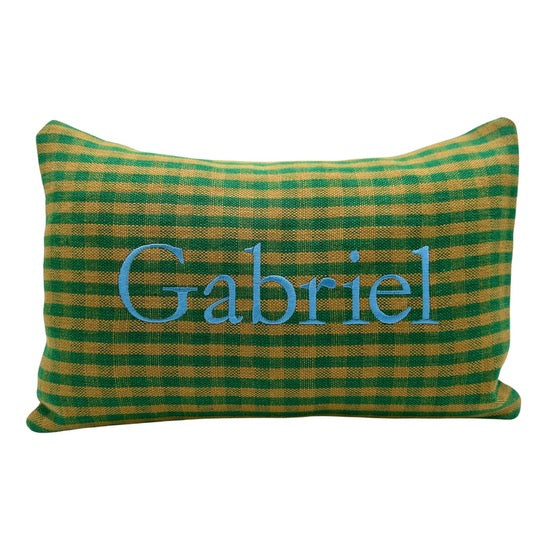 Green Gingham Pillow - Classic Serif Blue Font