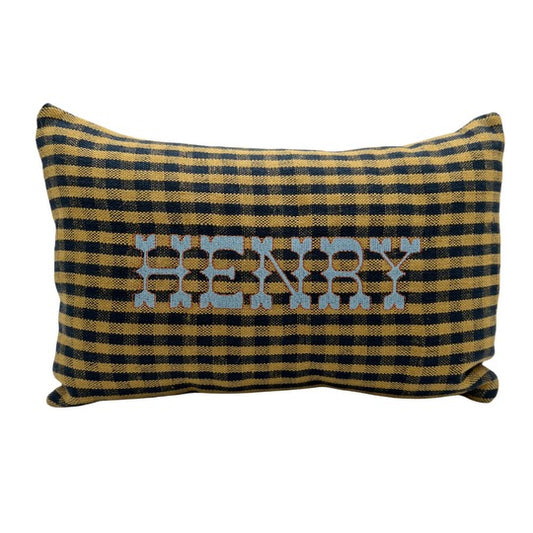 Navy Gingham Pillow - Western Light Blue/Orange Font