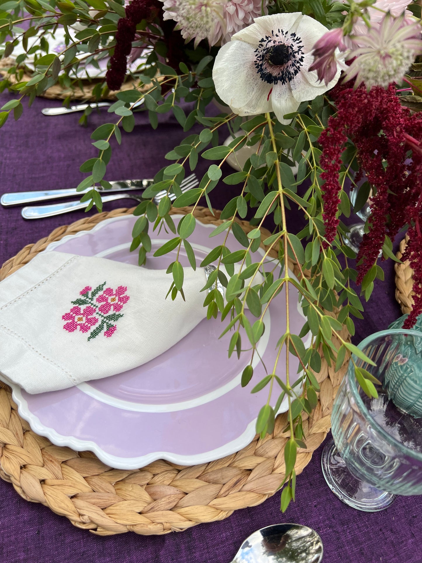 Purple Flower Cross Stitch Linen Napkin Set