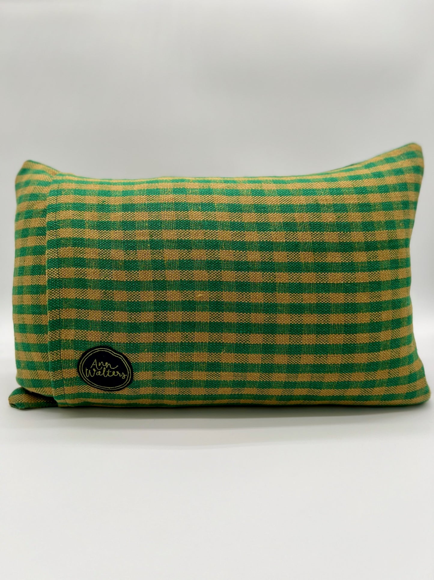 Green Gingham Pillow - Block Light Blue/Navy Font