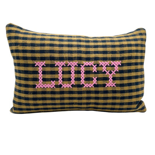 Navy Gingham Pillow - Cross Stitch Font