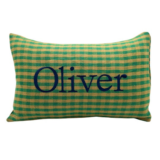 Green Gingham Pillow - Classic Serif Navy Font