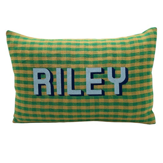 Green Gingham Pillow - Block Light Blue/Navy Font