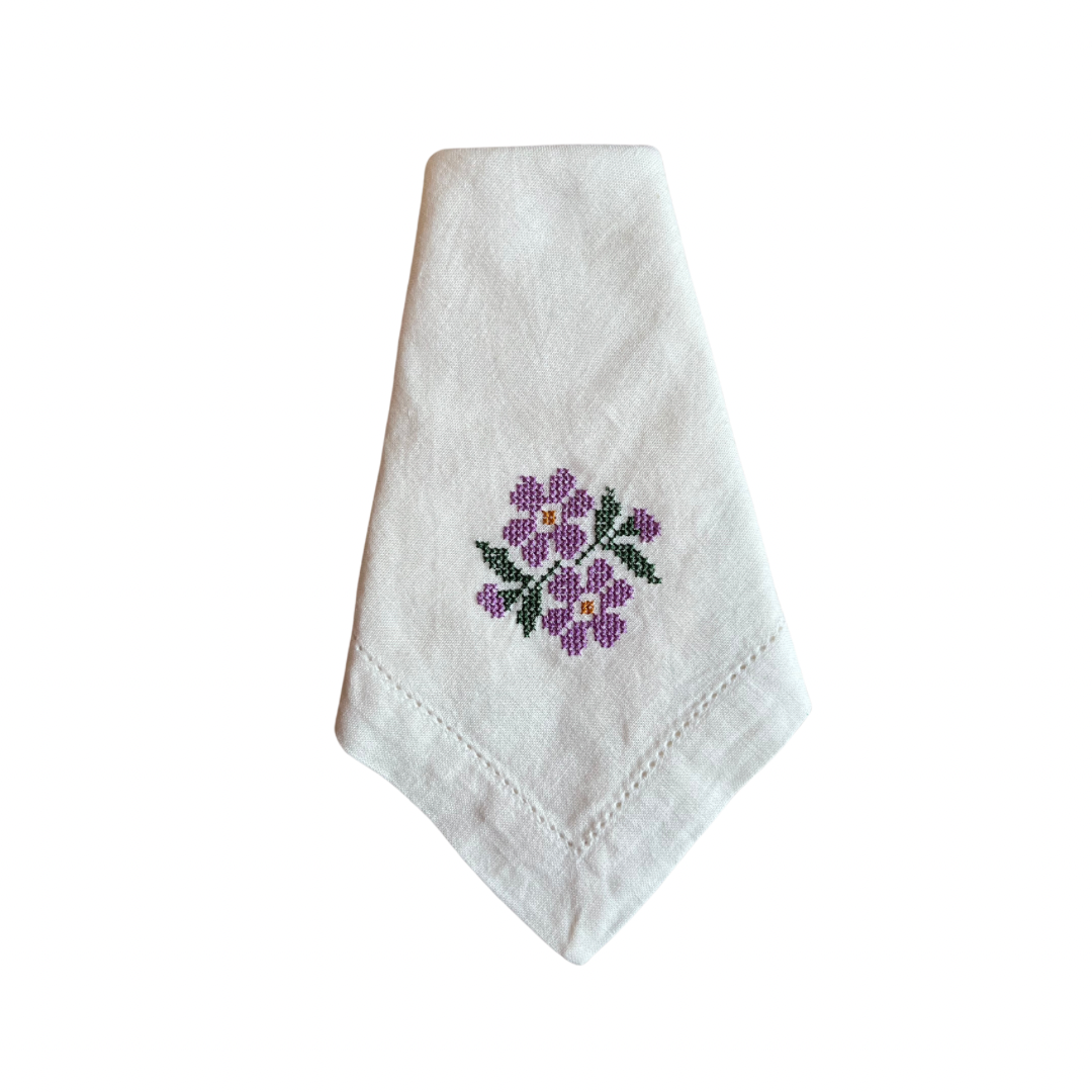 Purple Flower Cross Stitch Linen Napkin Set