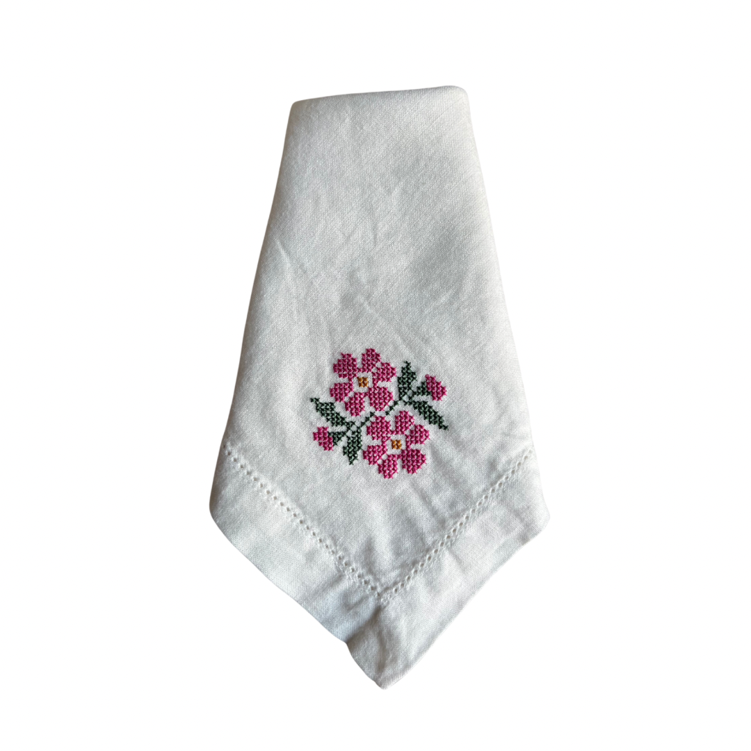 Pink Flower Cross Stitch Linen Napkin Set