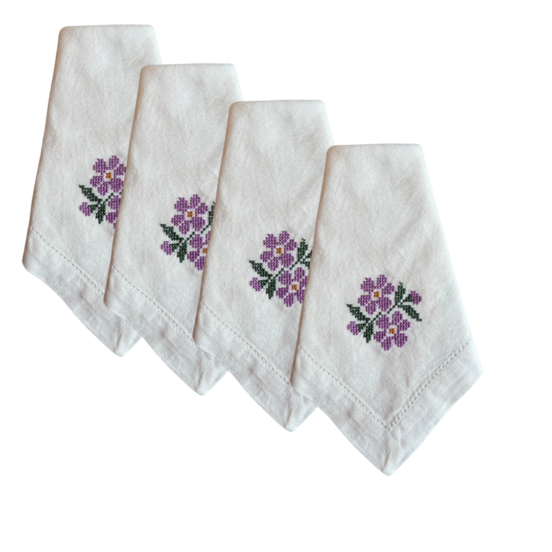 Purple Flower Cross Stitch Linen Napkin Set