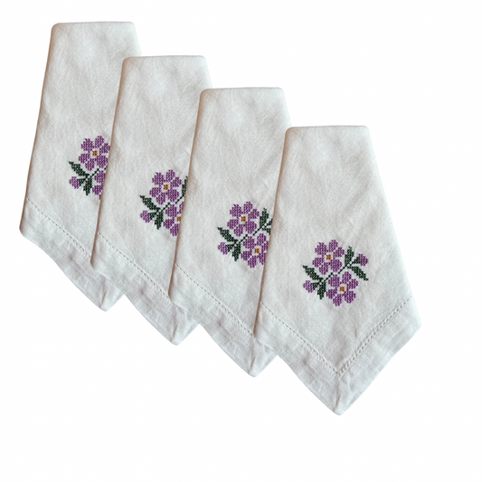 Purple Flower Cross Stitch Linen Napkin Set