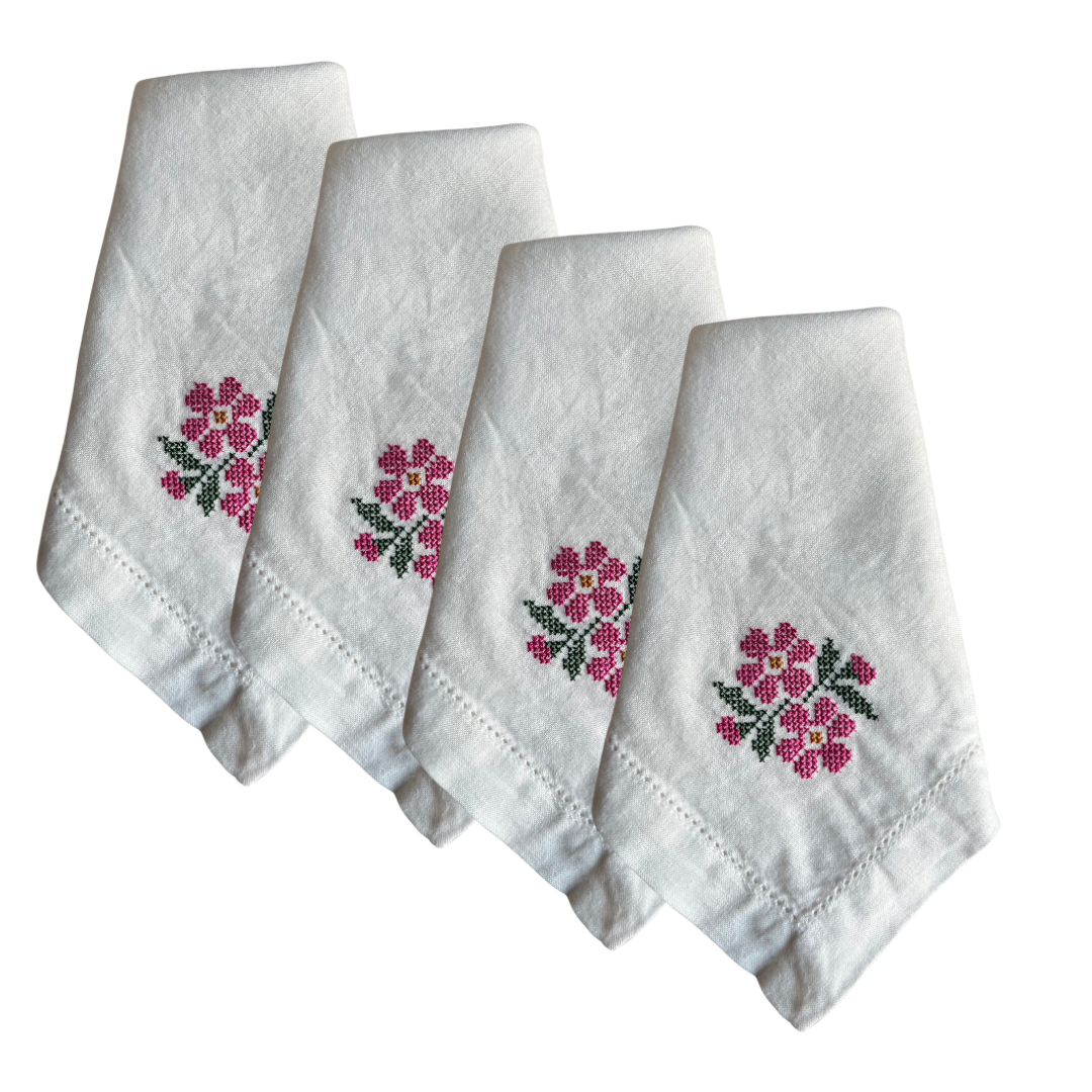 Pink Flower Cross Stitch Linen Napkin Set